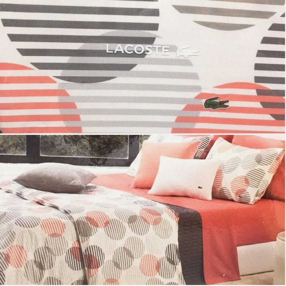 2pc Lacoste TWIN Duvet Sham Set Modern Striped Circle Burnt Coral Gray MSRP $250